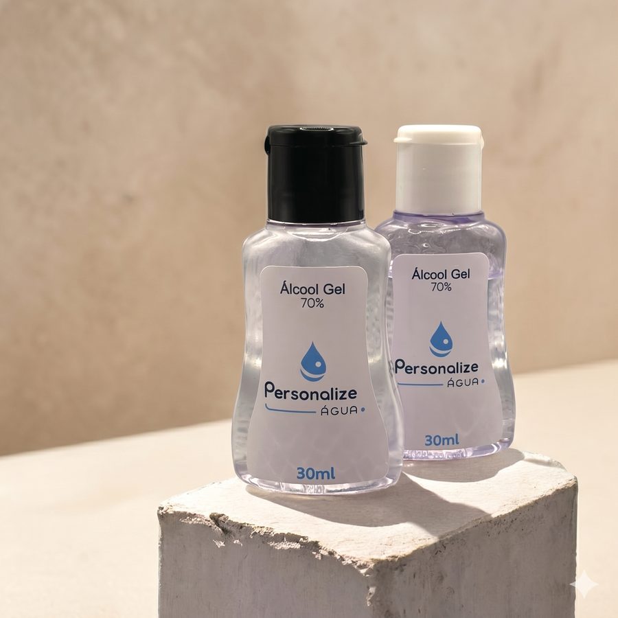 Álcool em gel 30 ml - Frasco PET · tampa em várias cores